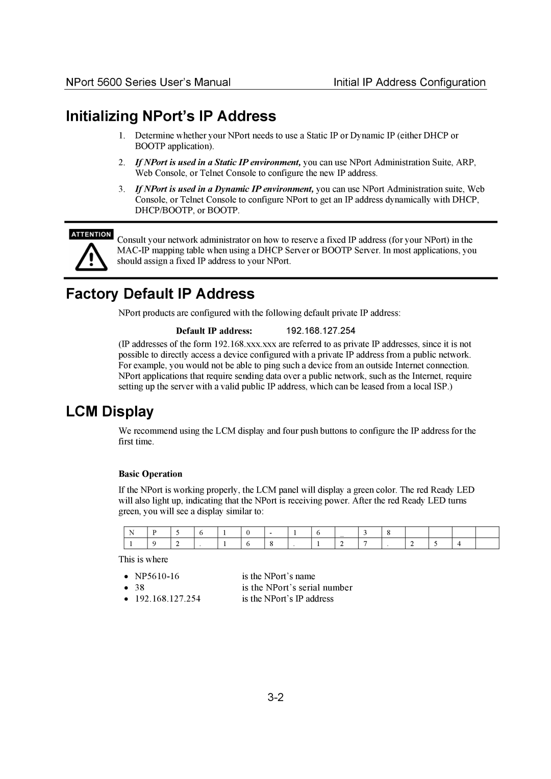 Moxa Technologies 5600 Initializing NPort’s IP Address, Factory Default IP Address, LCM Display, Default IP address 