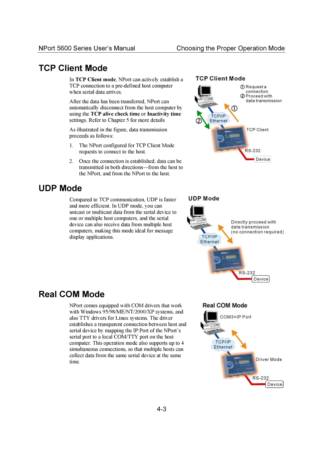 Moxa Technologies 5600 user manual TCP Client Mode, UDP Mode, Real COM Mode 