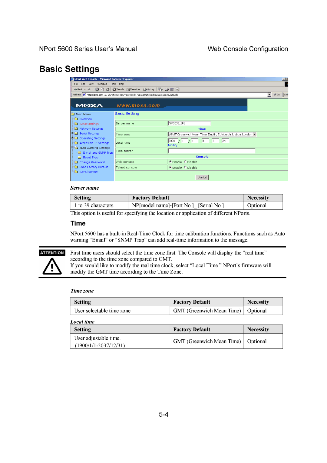 Moxa Technologies 5600 user manual Basic Settings, Server name, Time zone, Local time 