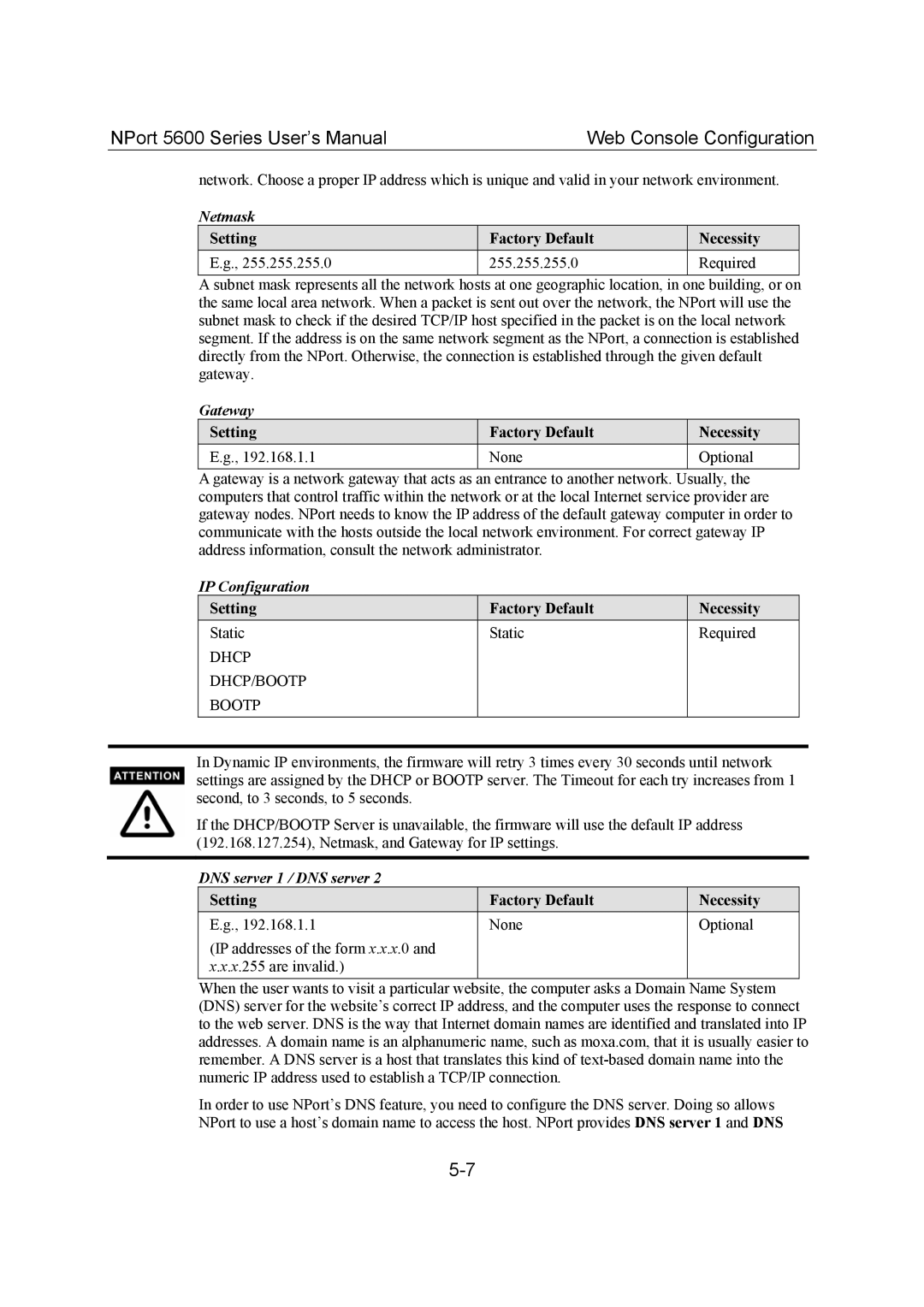 Moxa Technologies 5600 user manual Netmask, Gateway, IP Configuration, DNS server 1 / DNS server 