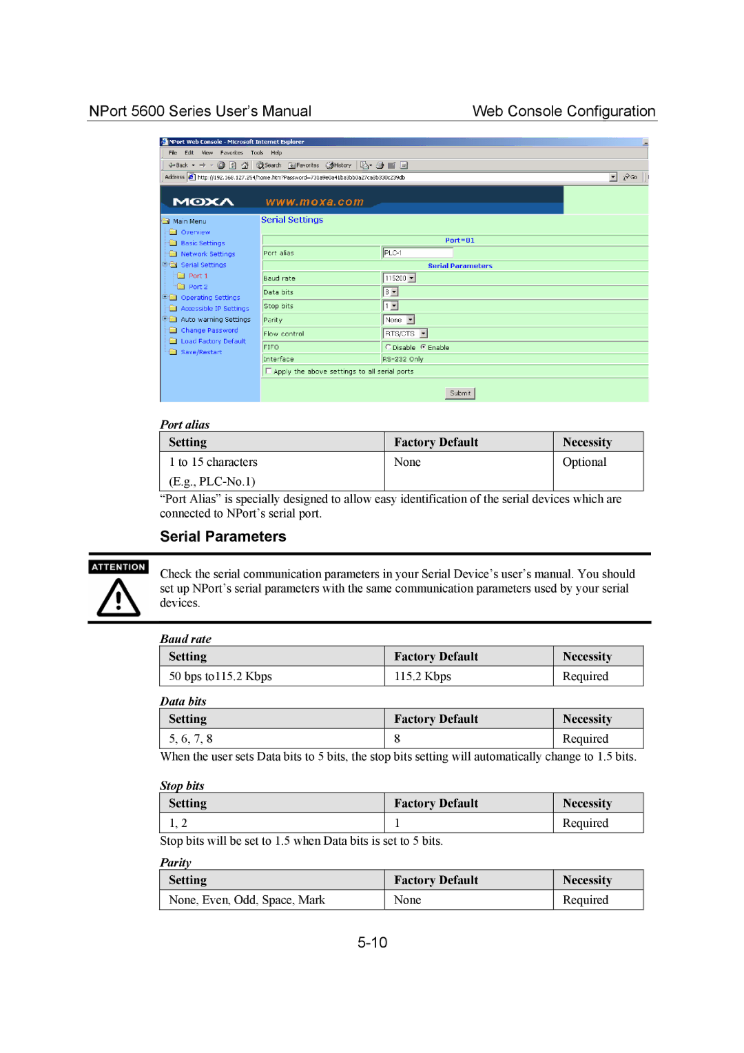 Moxa Technologies 5600 user manual Serial Parameters 