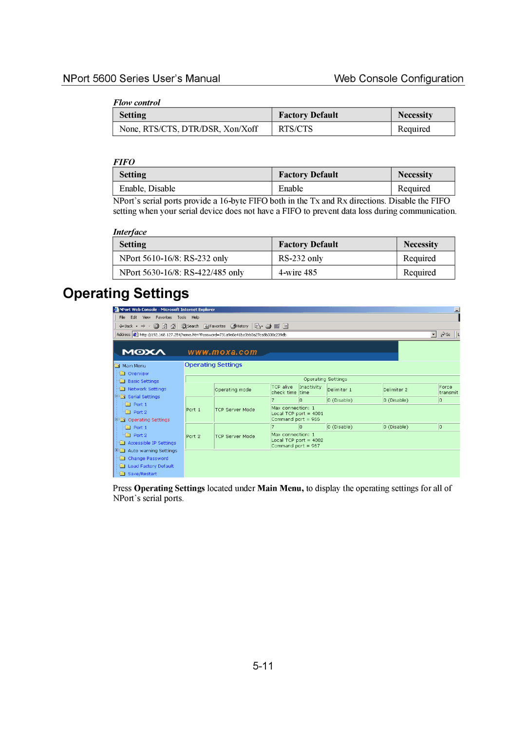 Moxa Technologies 5600 Operating Settings, Setting Factory Default Necessity Enable, Disable Required, Interface 