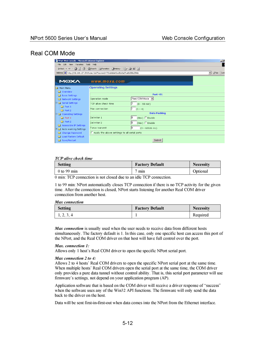 Moxa Technologies 5600 user manual Real COM Mode, TCP alive check time, Max. connection, Max connection 2 to 