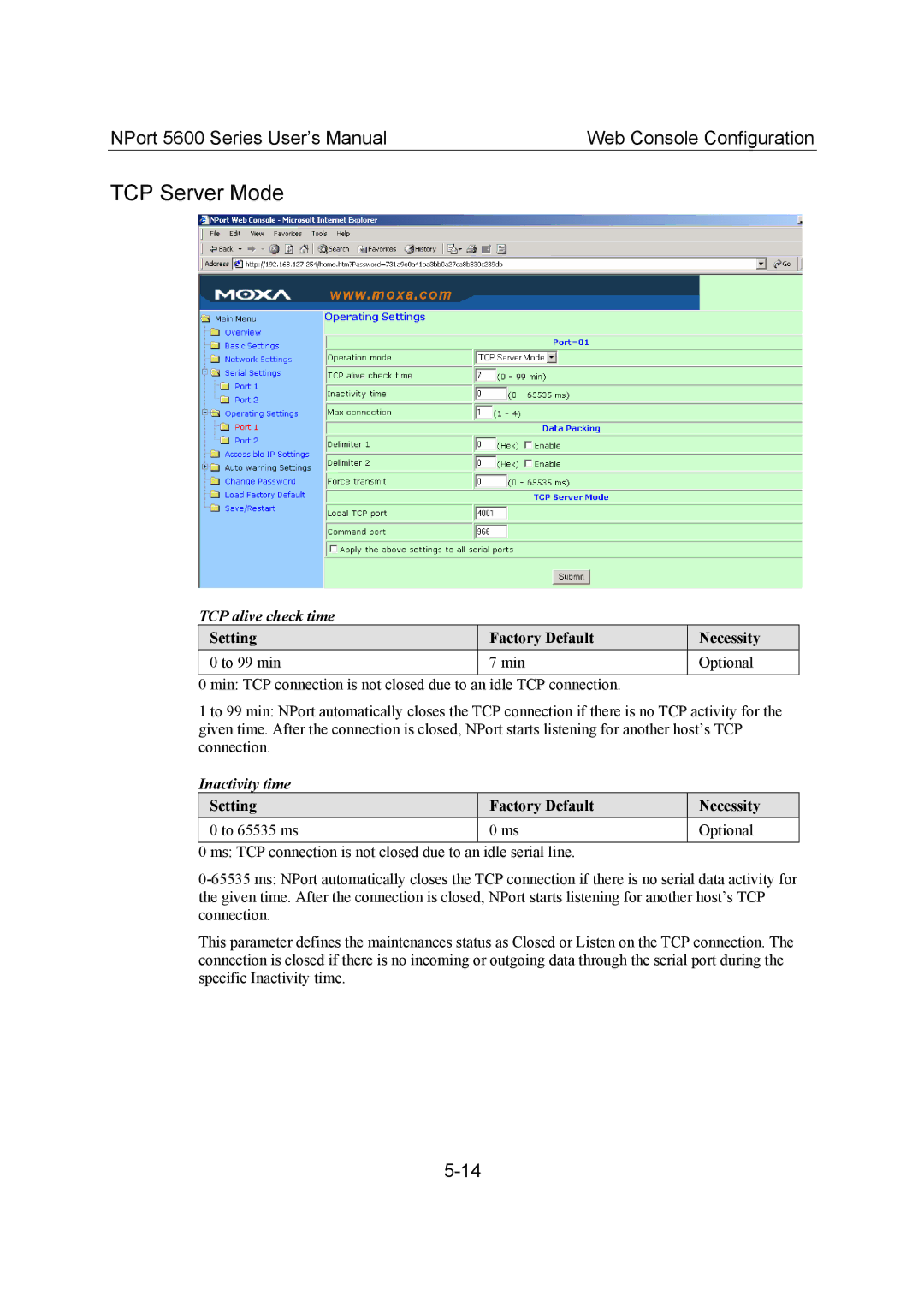 Moxa Technologies 5600 user manual TCP Server Mode, Inactivity time 