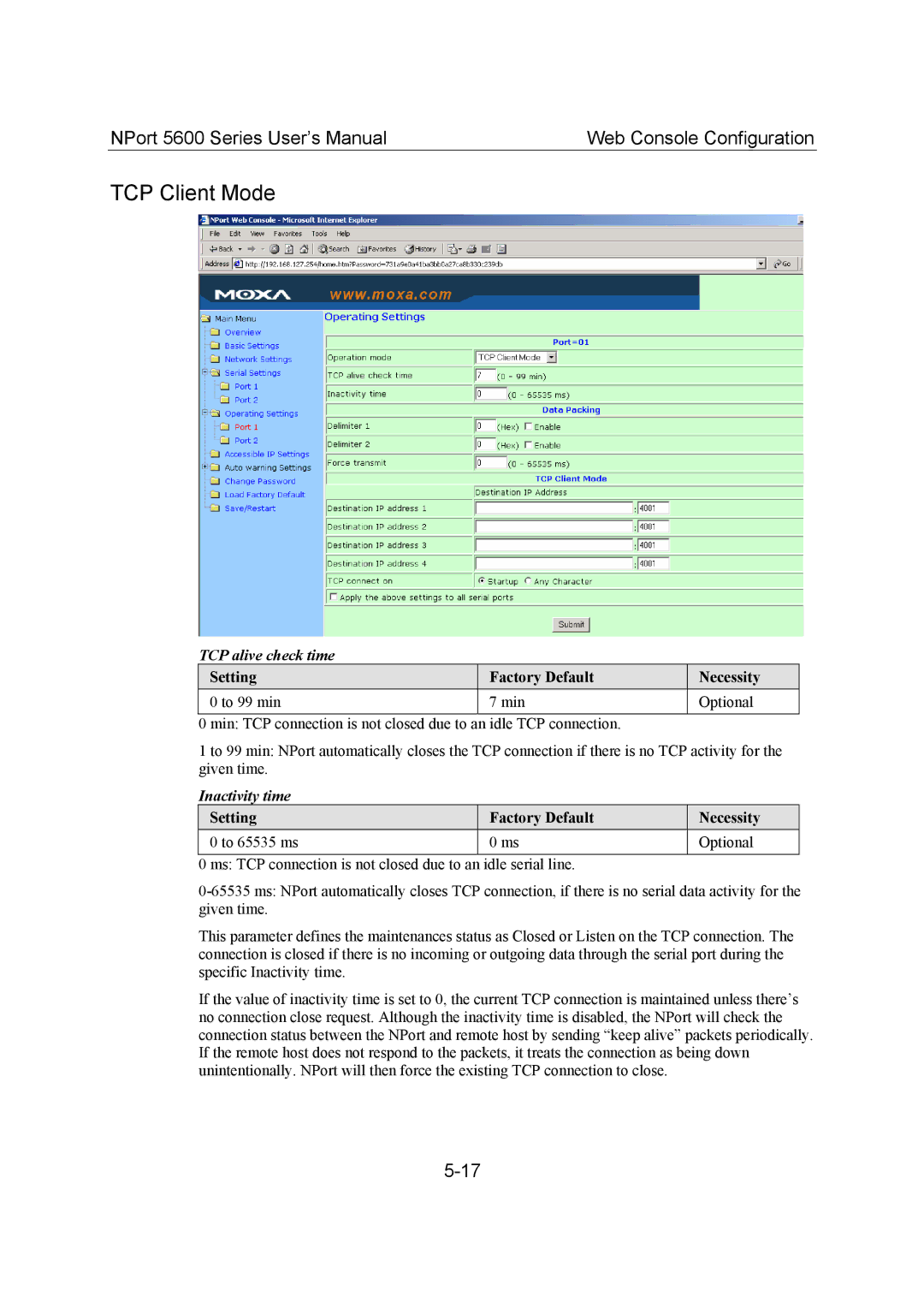 Moxa Technologies 5600 user manual TCP Client Mode, TCP alive check time 