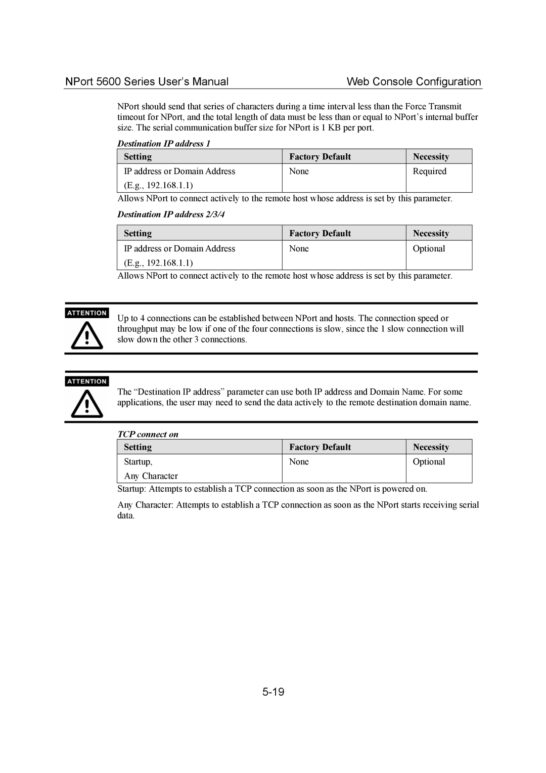 Moxa Technologies 5600 user manual Destination IP address 2/3/4, TCP connect on 