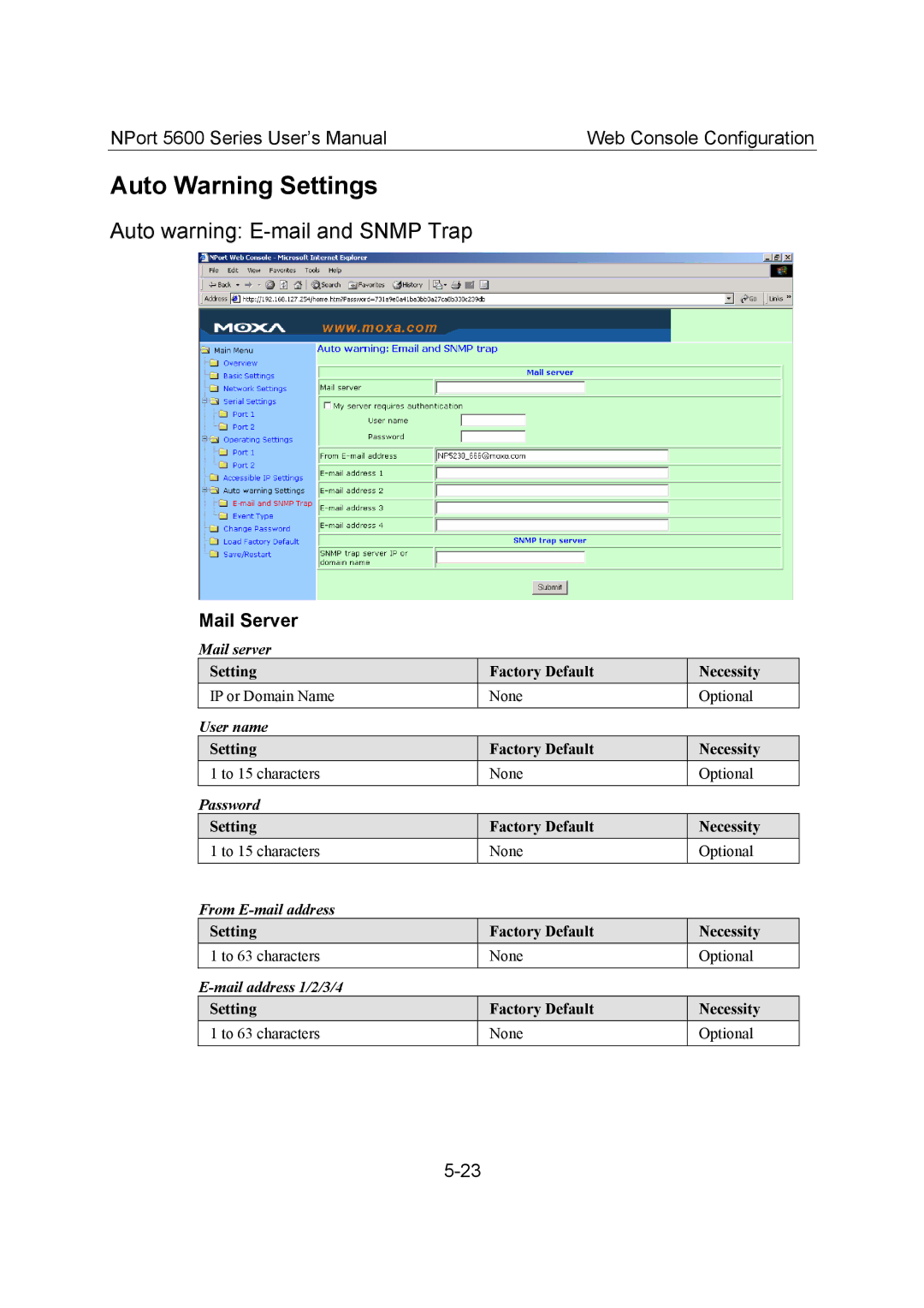 Moxa Technologies 5600 user manual Auto Warning Settings, Auto warning E-mail and Snmp Trap, Mail Server 