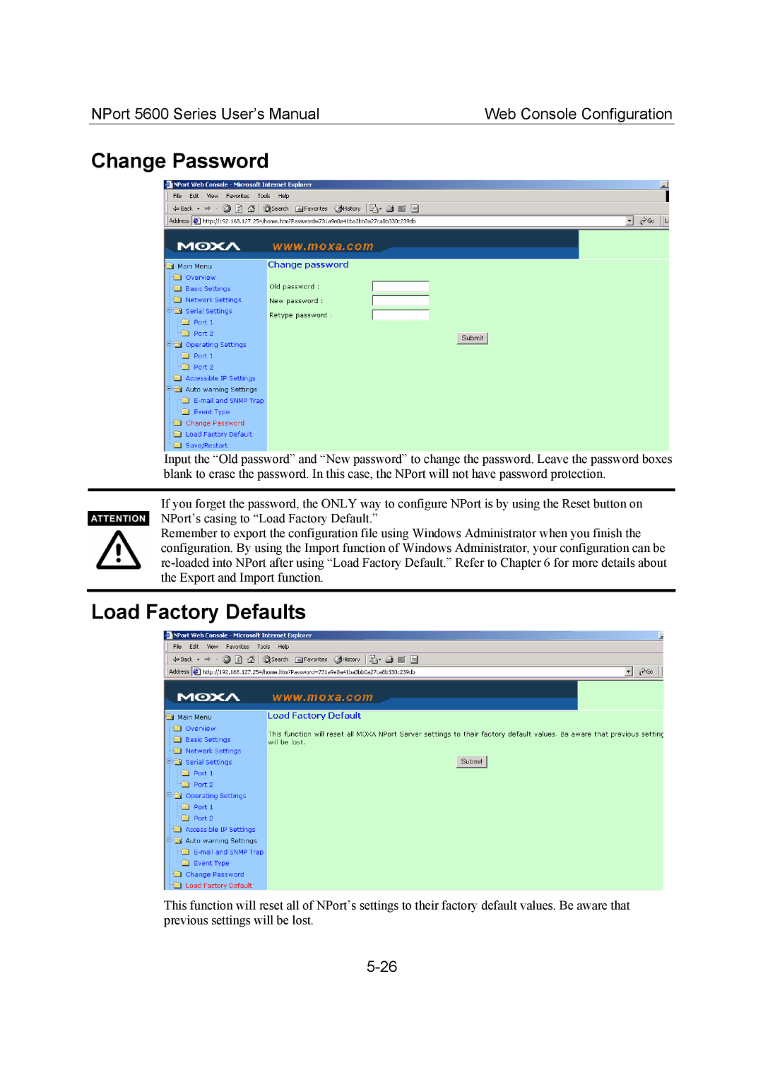 Moxa Technologies 5600 user manual Change Password, Load Factory Defaults 