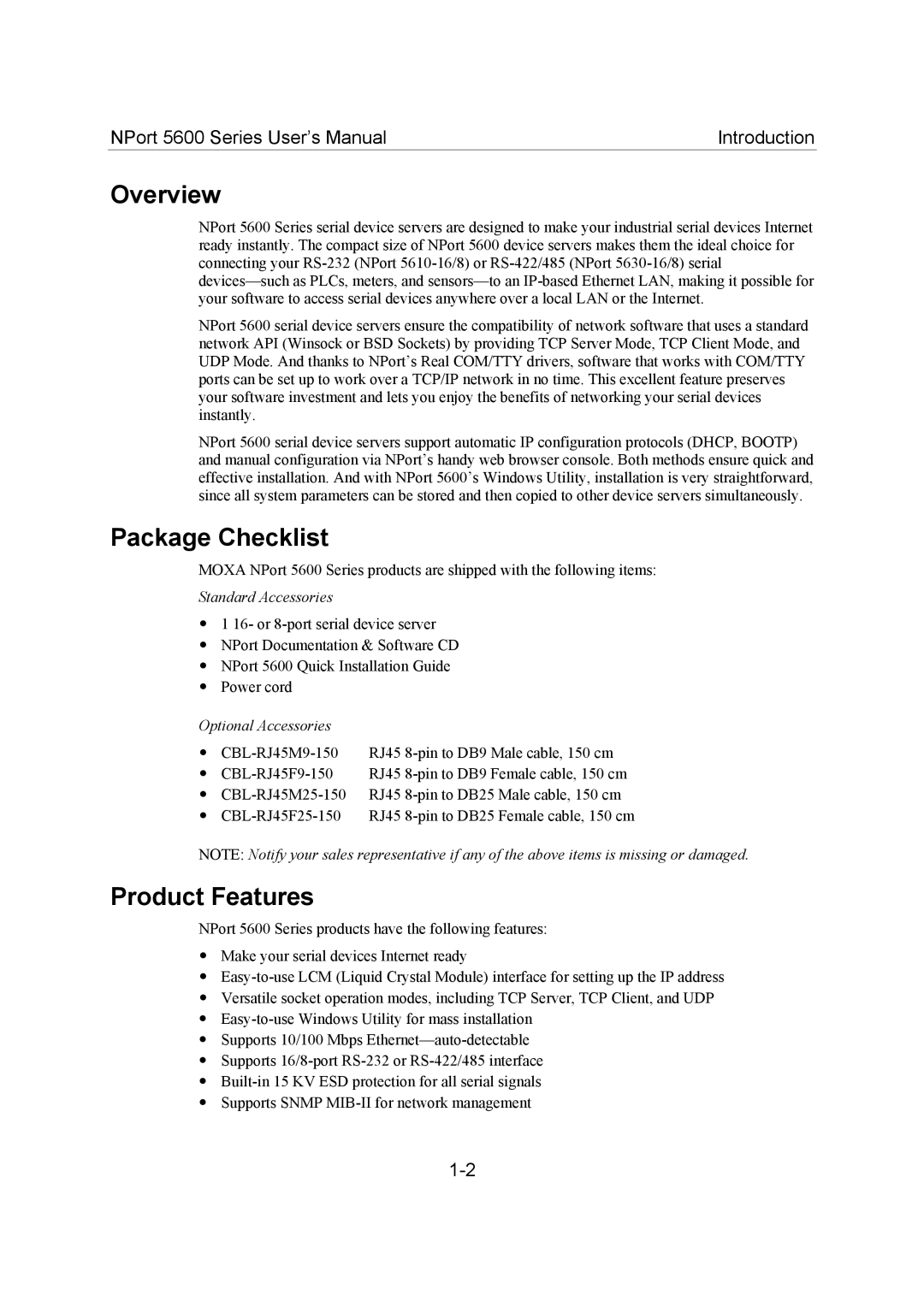 Moxa Technologies 5600 user manual Overview, Package Checklist, Product Features 