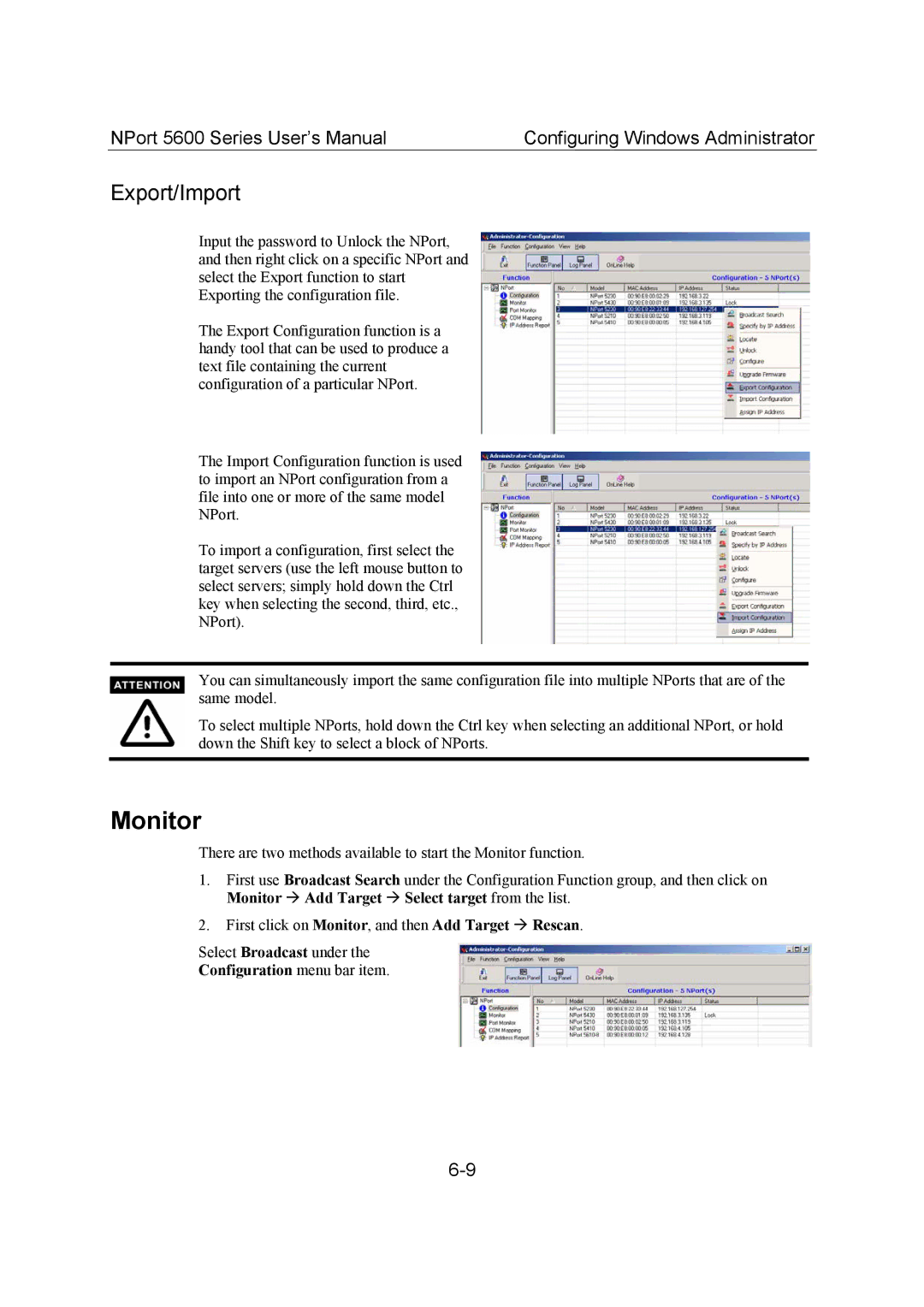 Moxa Technologies 5600 user manual Monitor, Export/Import, Configuration menu bar item 