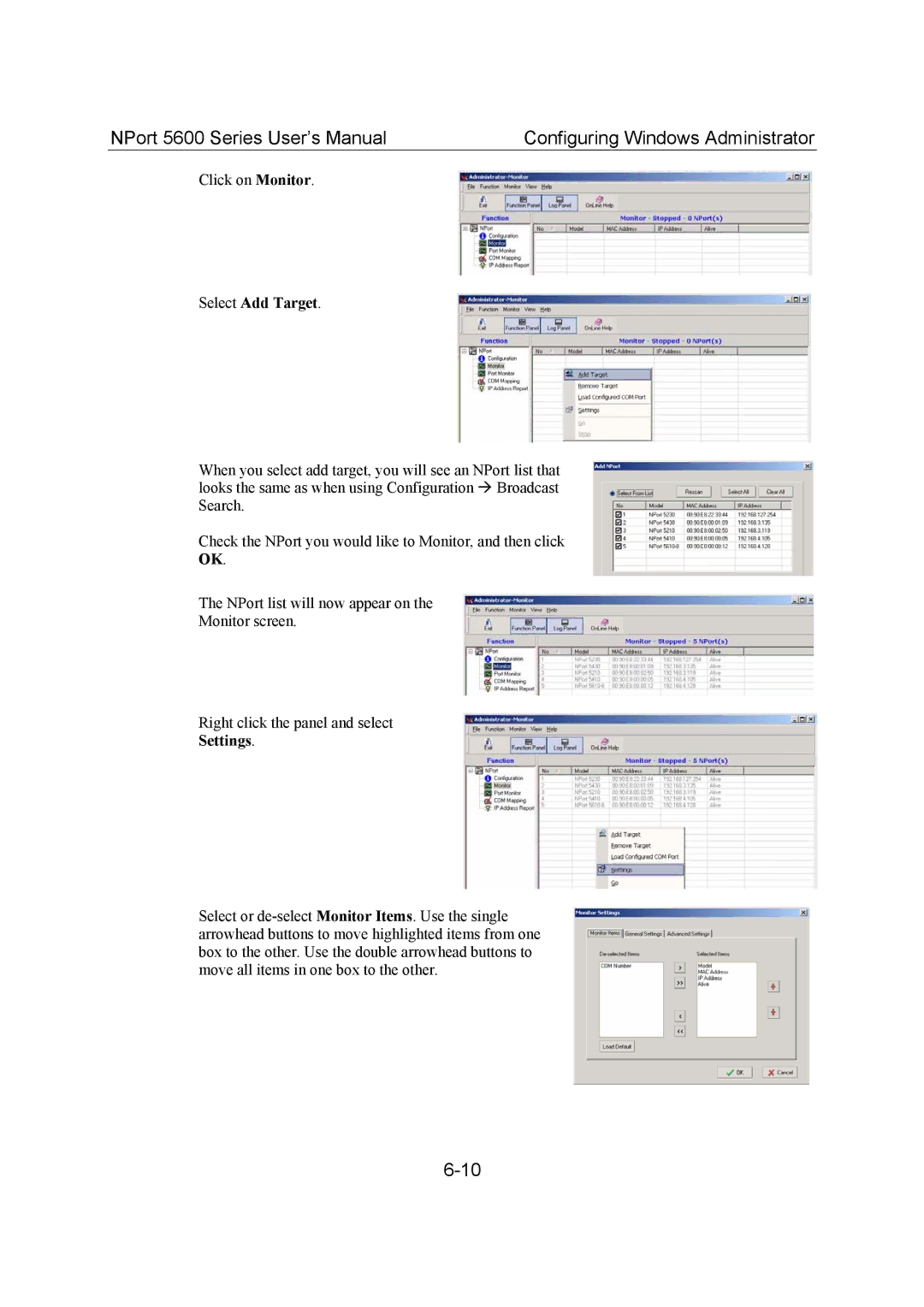 Moxa Technologies 5600 user manual Select Add Target, Settings 