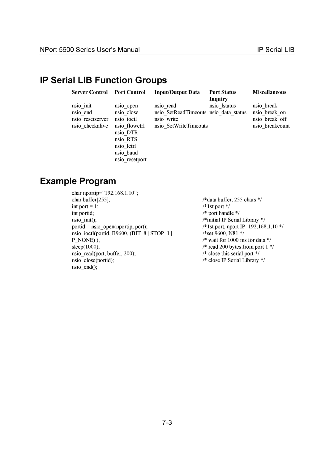 Moxa Technologies 5600 user manual IP Serial LIB Function Groups, Example Program, Server Control, Inquiry 