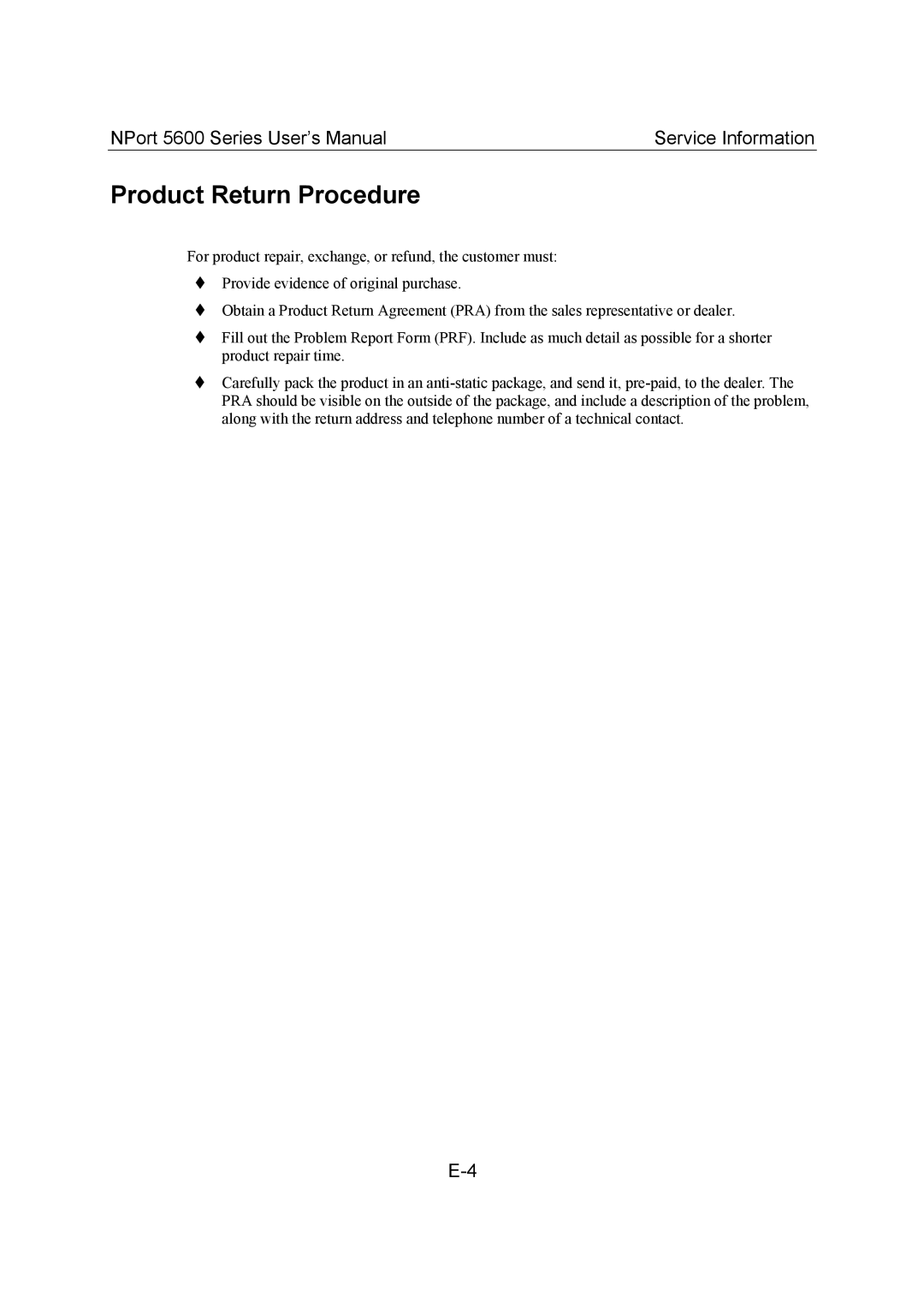 Moxa Technologies 5600 user manual Product Return Procedure 