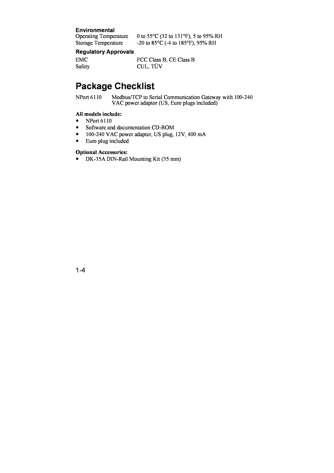 Moxa Technologies 6110 user manual Package Checklist, Environmental, Regulatory Approvals 