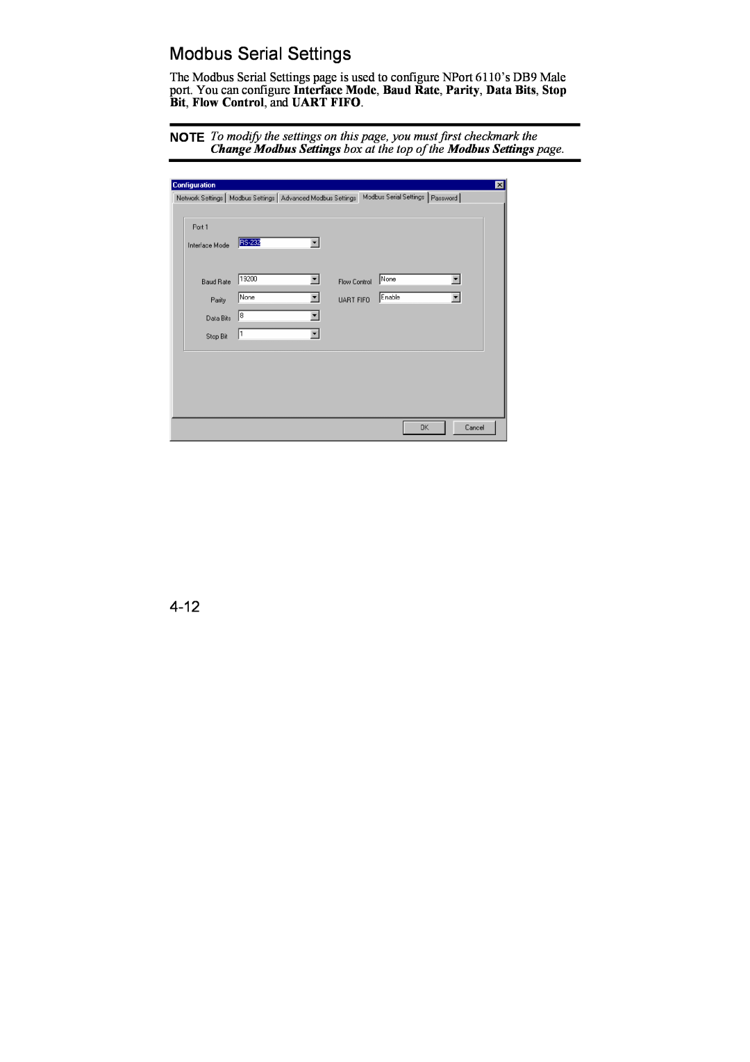 Moxa Technologies 6110 user manual Modbus Serial Settings, 4-12 