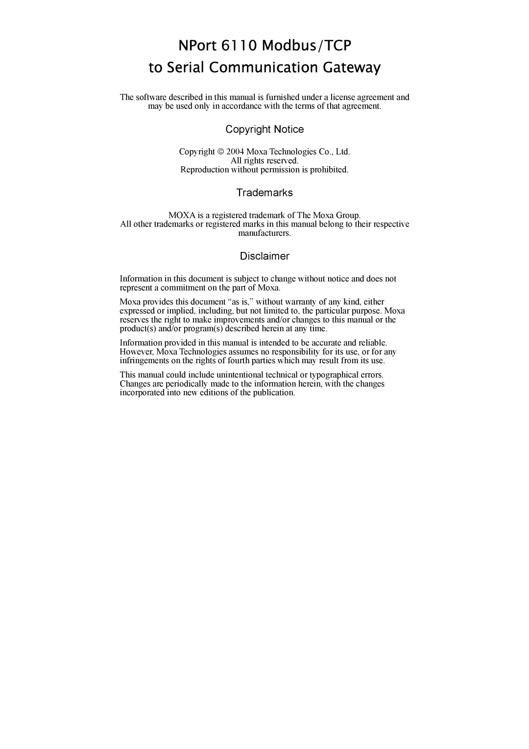 Moxa Technologies user manual NPort 6110 Modbus/TCP To Serial Communication Gateway 