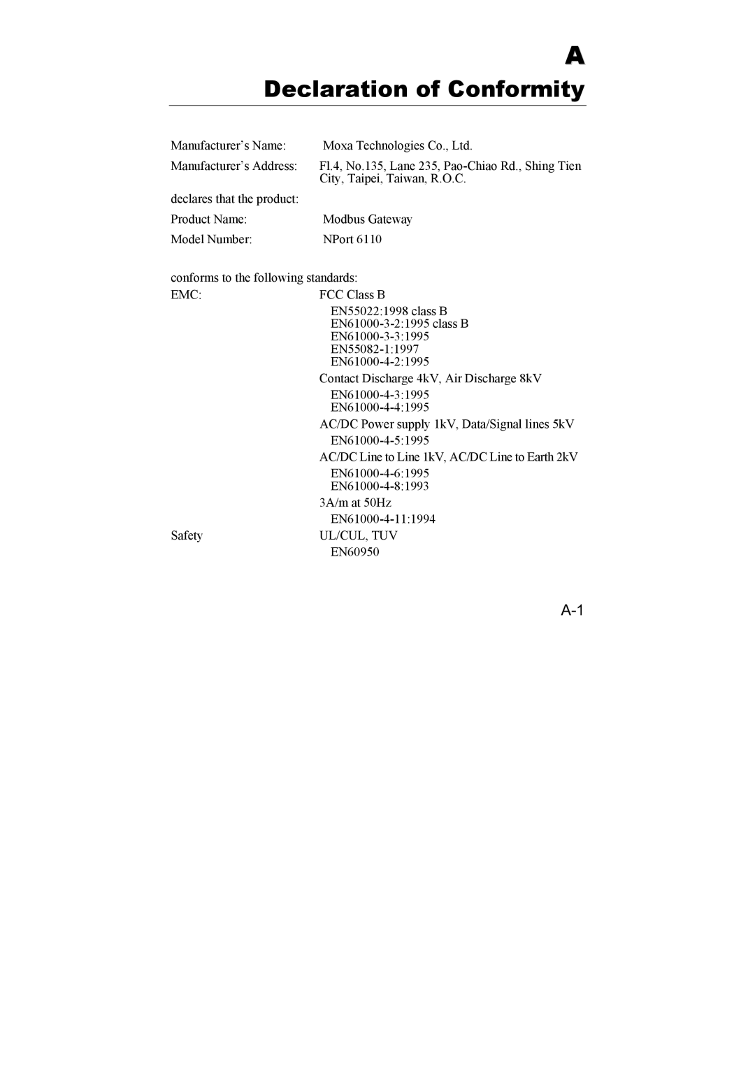 Moxa Technologies 6110 user manual Declaration of Conformity 