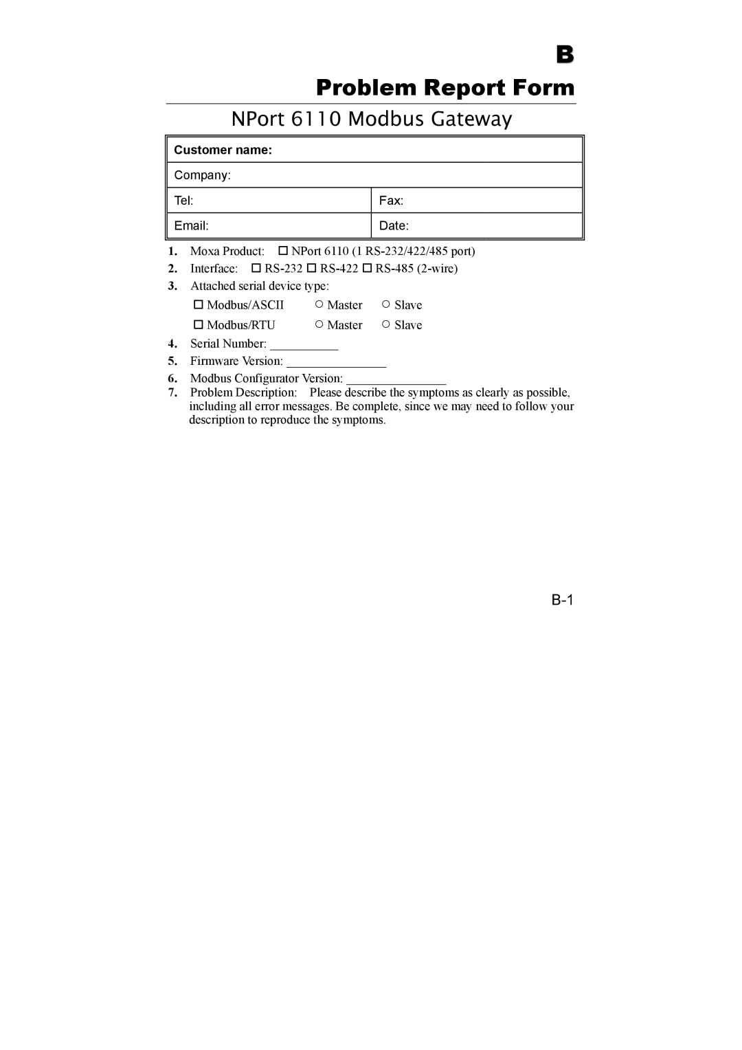 Moxa Technologies user manual Problem Report Form, NPort 6110 Modbus Gateway 