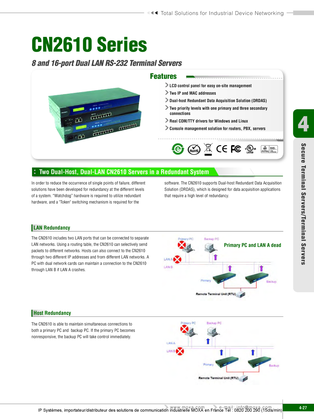 Moxa Technologies 6450, 6250, 6150 manual port Dual LAN RS-232 Terminal Servers, LAN Redundancy, Host Redundancy 