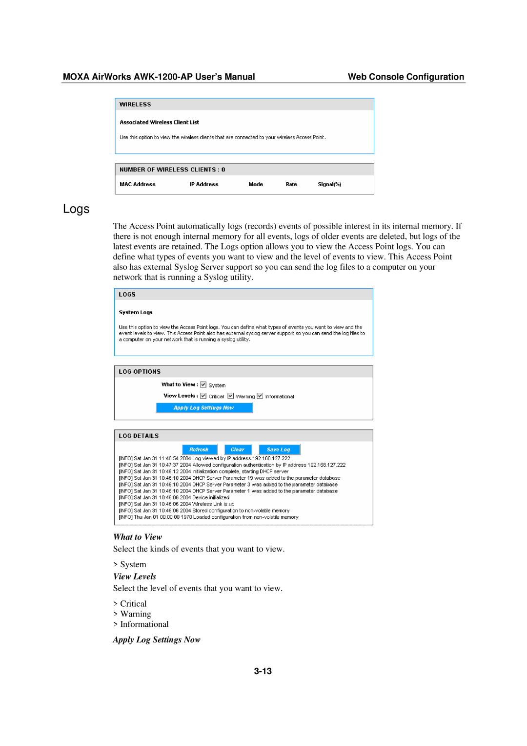 Moxa Technologies AWK-1200-AP user manual Logs, What to View, View Levels, Apply Log Settings Now 