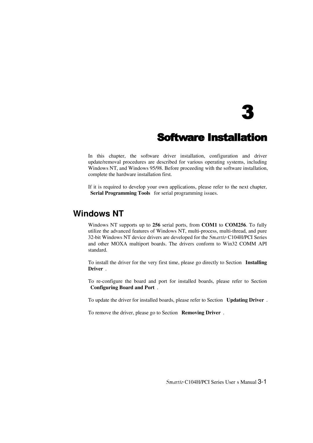 Moxa Technologies C104H/PCI Series user manual Software Installation, Windows NT 