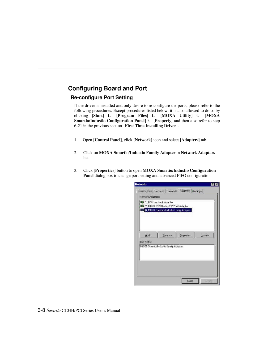 Moxa Technologies C104H/PCI Series user manual Configuring Board and Port, Re-configure Port Setting 