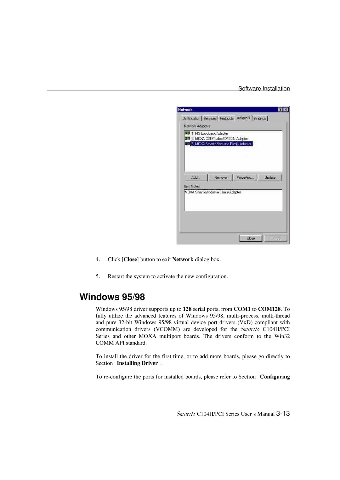 Moxa Technologies C104H/PCI Series user manual Windows 95/98 