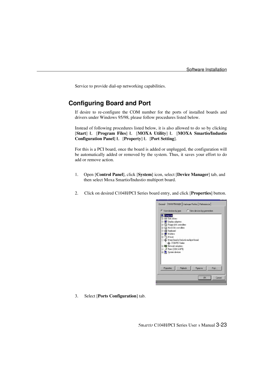 Moxa Technologies C104H/PCI Series user manual Select Ports Configuration tab 