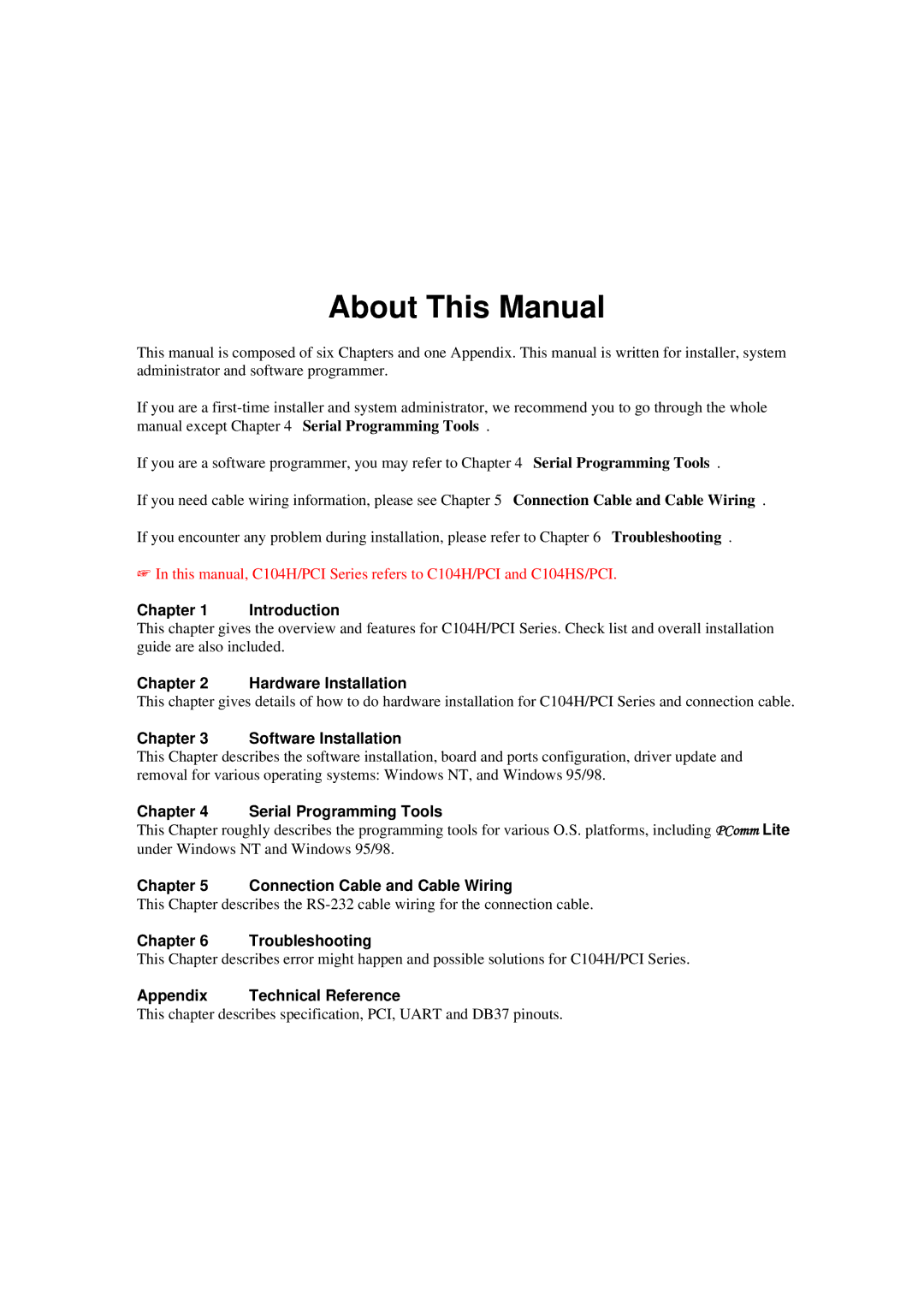 Moxa Technologies C104H/PCI Series user manual About This Manual, Introduction 