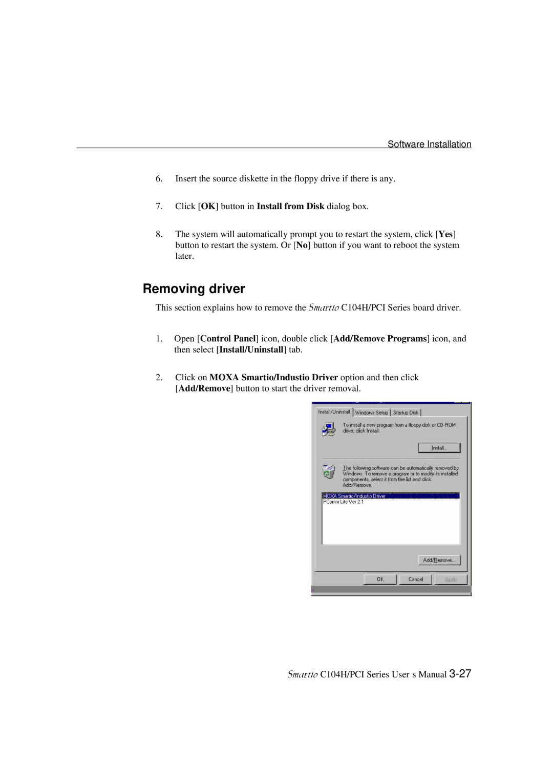 Moxa Technologies C104H/PCI Series user manual Removing driver 