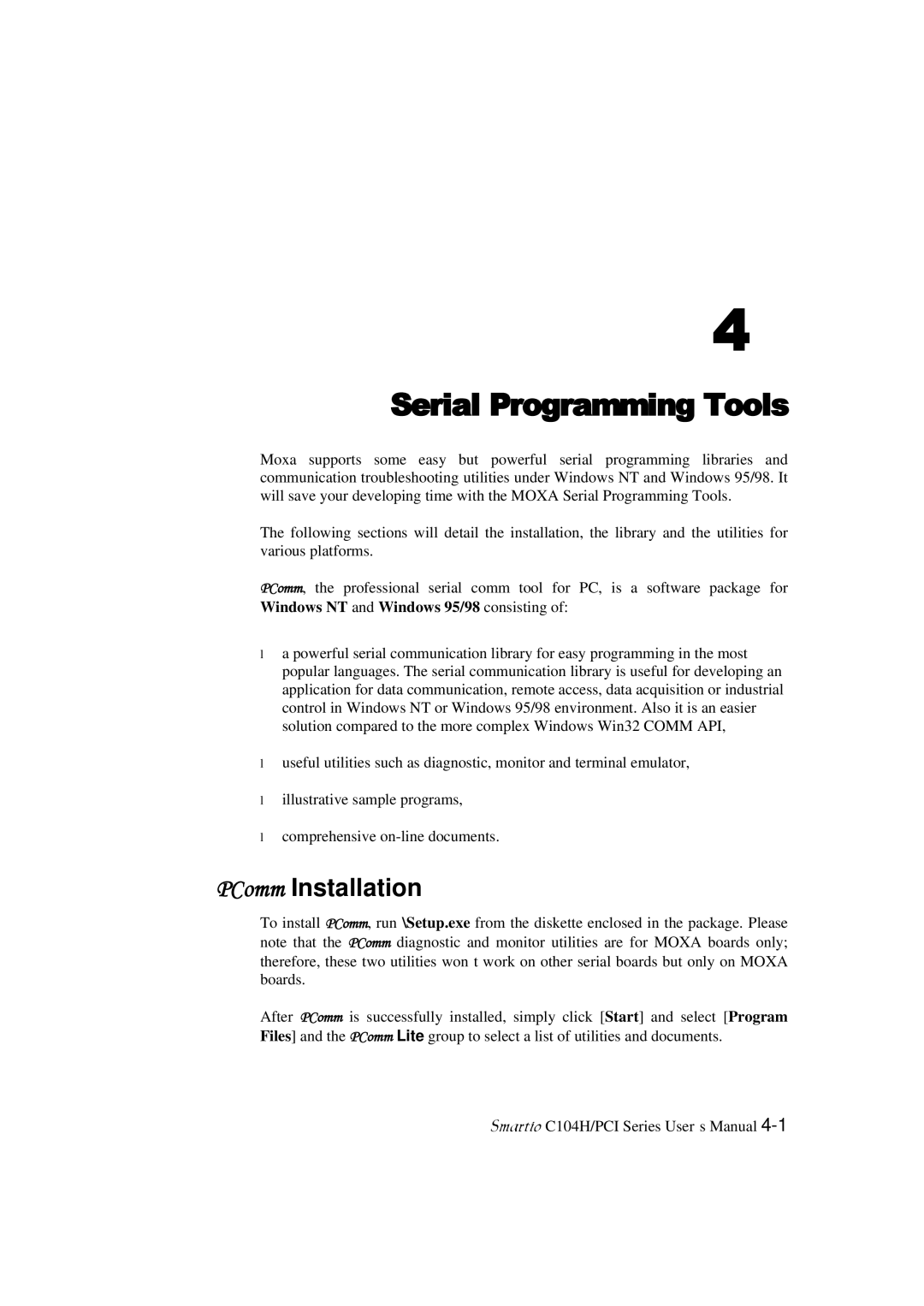 Moxa Technologies C104H/PCI Series Serial Programming Tools, PComm Installation, Windows NT and Windows 95/98 consisting 