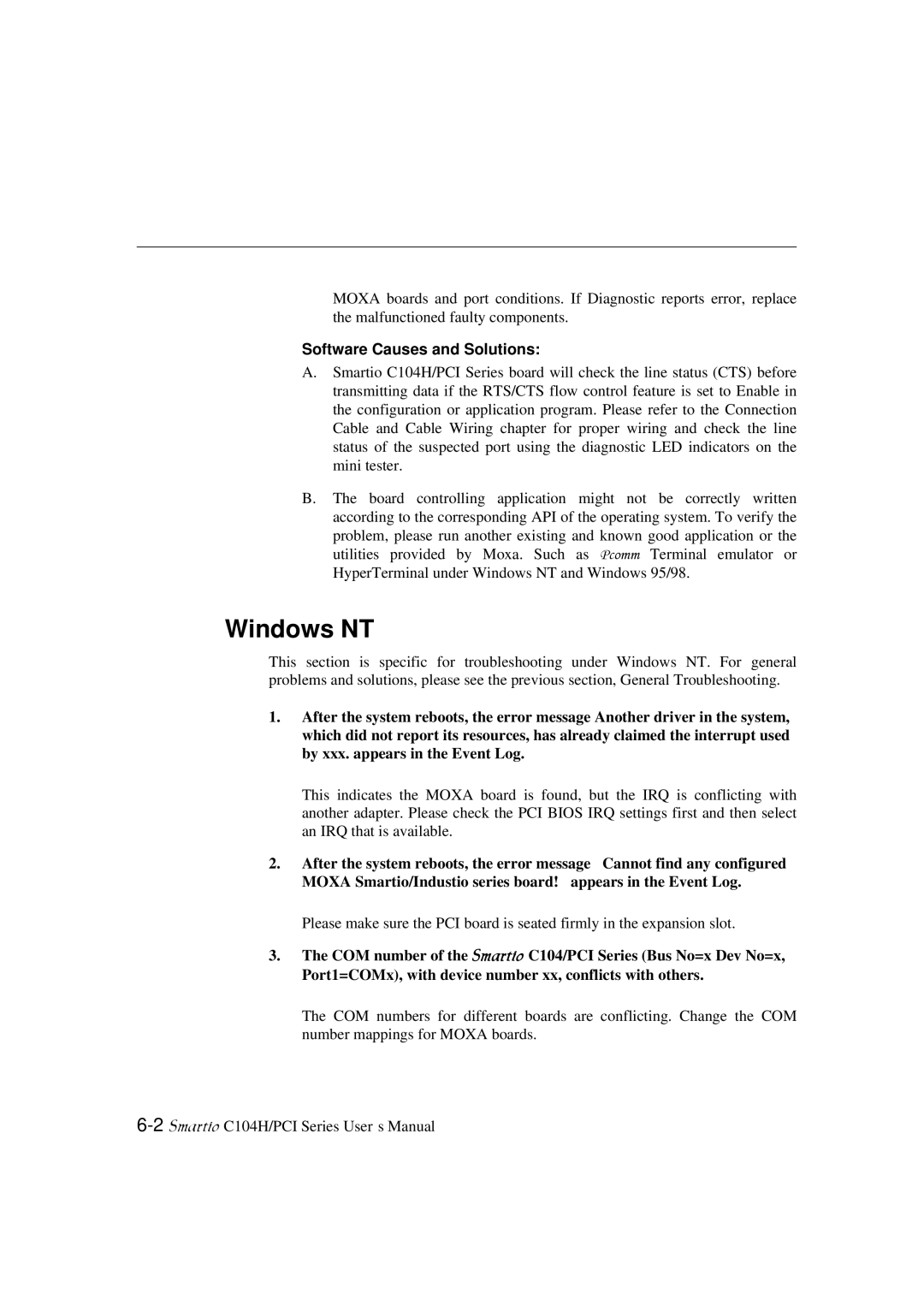 Moxa Technologies C104H/PCI Series user manual Software Causes and Solutions 