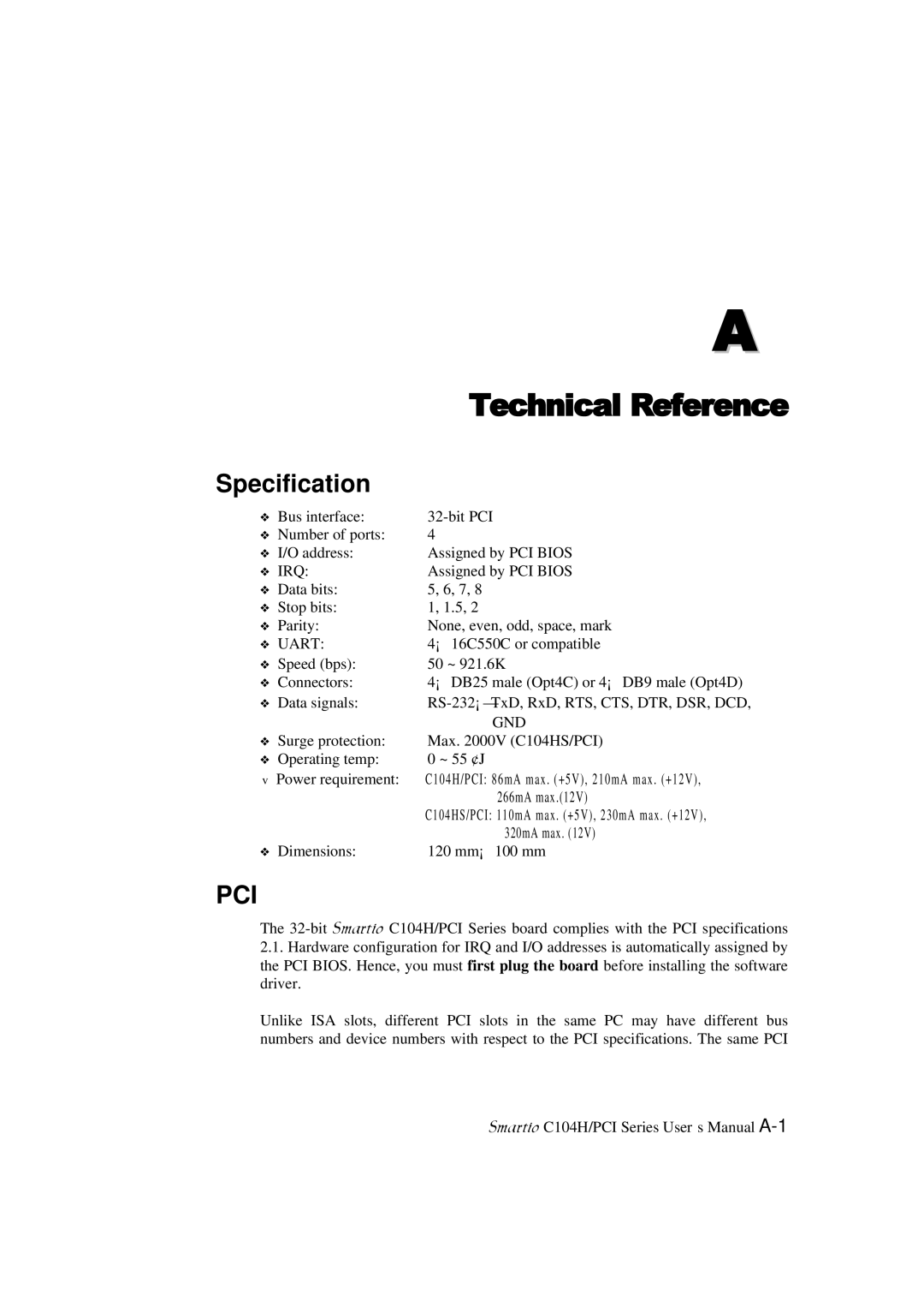 Moxa Technologies C104H/PCI Series user manual Technical Reference, Specification 