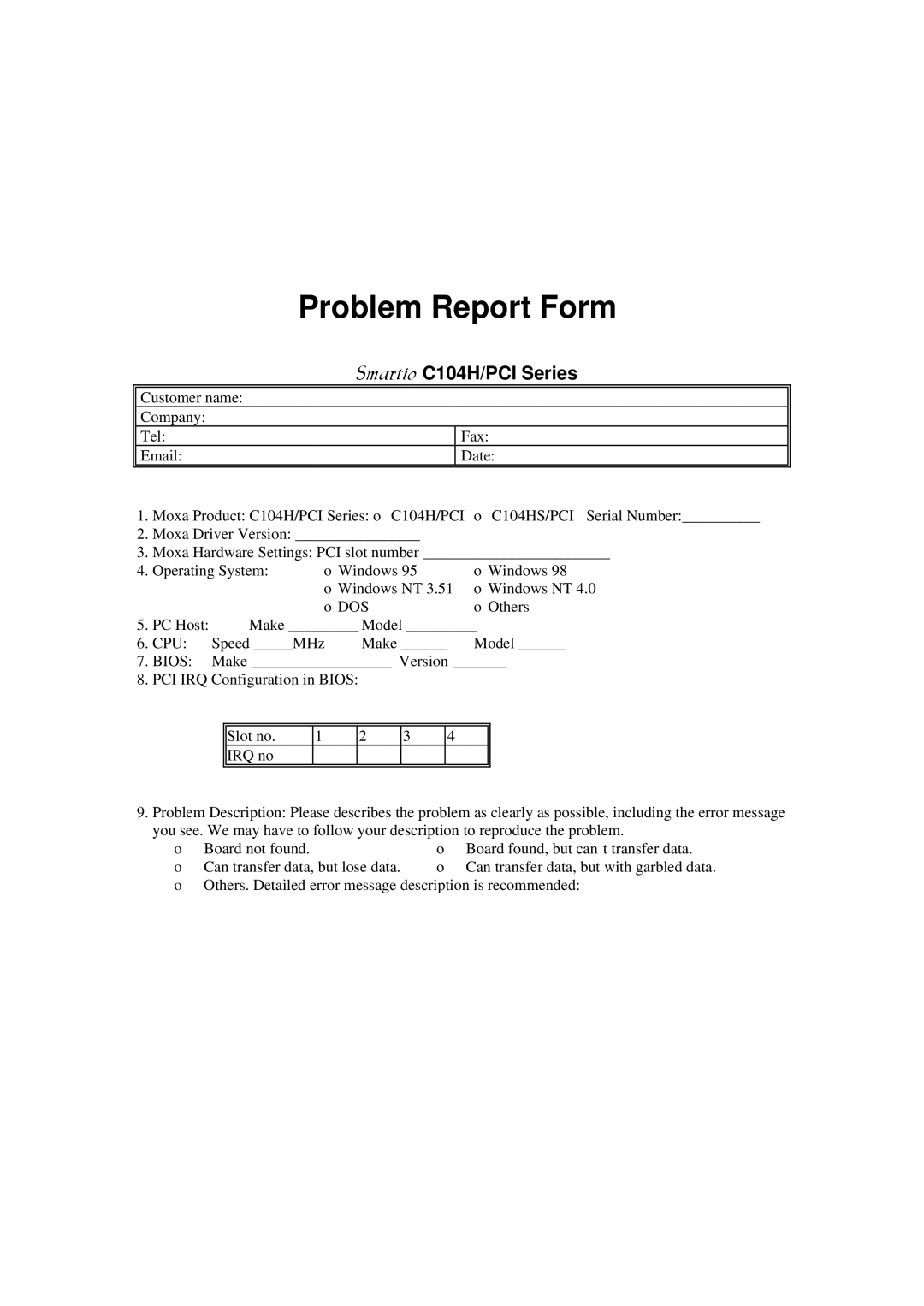 Moxa Technologies user manual Problem Report Form, Smartio C104H/PCI Series 