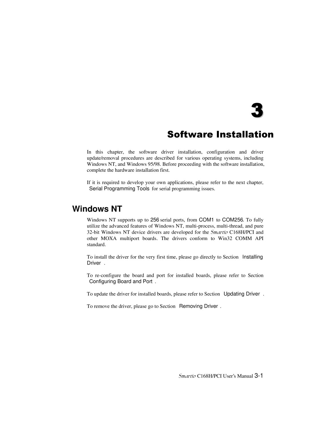 Moxa Technologies C168H user manual Software Installation, Windows NT 