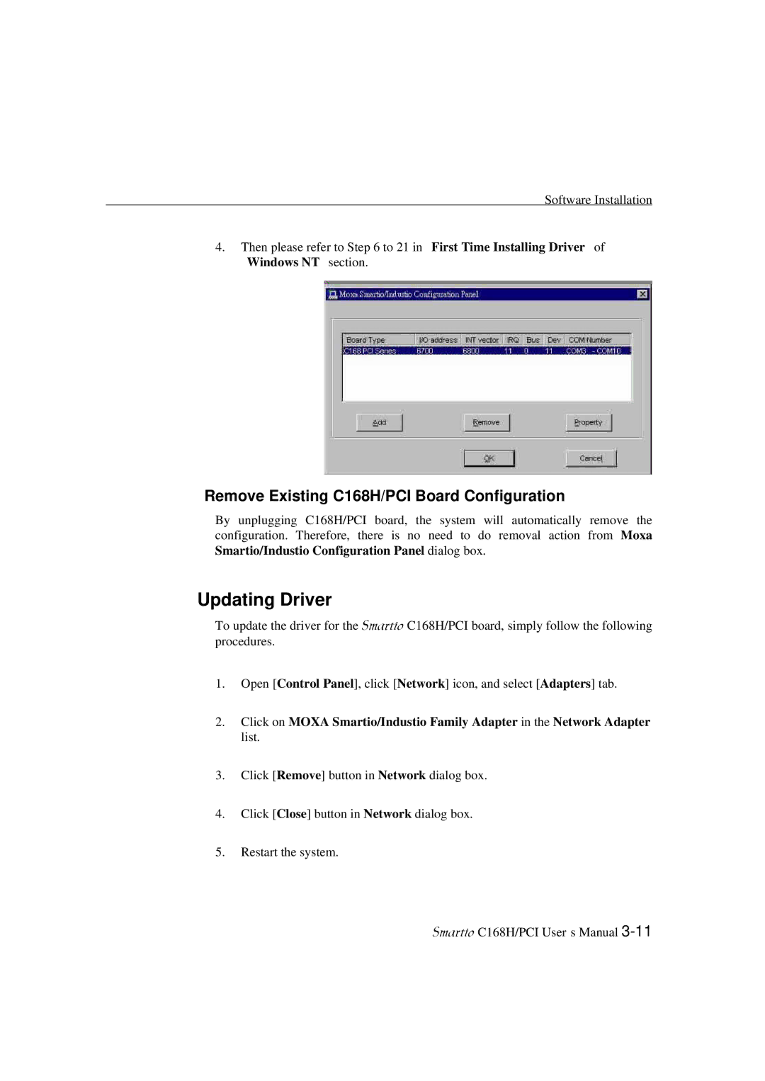 Moxa Technologies user manual Updating Driver, Remove Existing C168H/PCI Board Configuration 