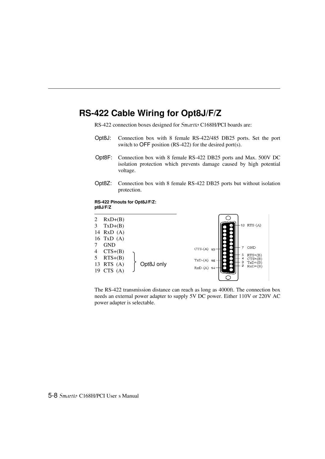 Moxa Technologies C168H user manual RS-422 Cable Wiring for Opt8J/F/Z, Opt8J only 