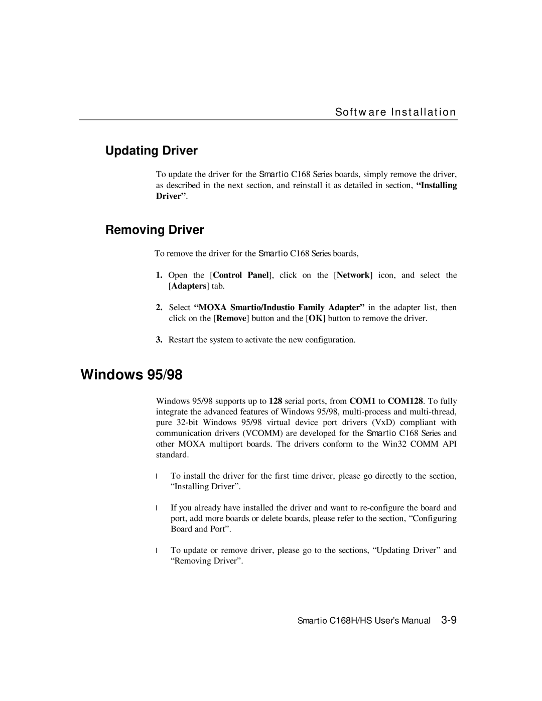 Moxa Technologies C168HS user manual Windows 95/98, Updating Driver, Removing Driver 