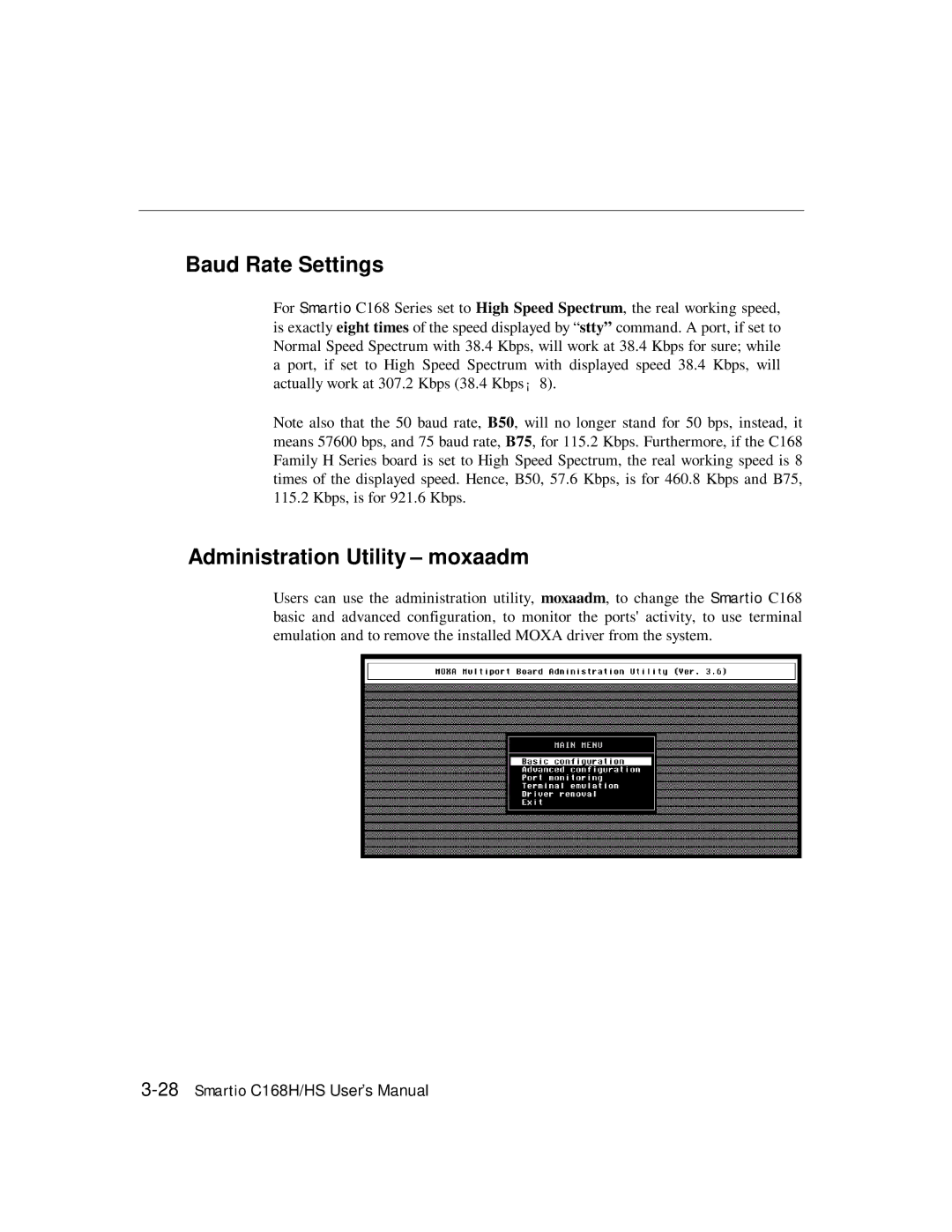 Moxa Technologies C168HS user manual Baud Rate Settings, Administration Utility moxaadm 