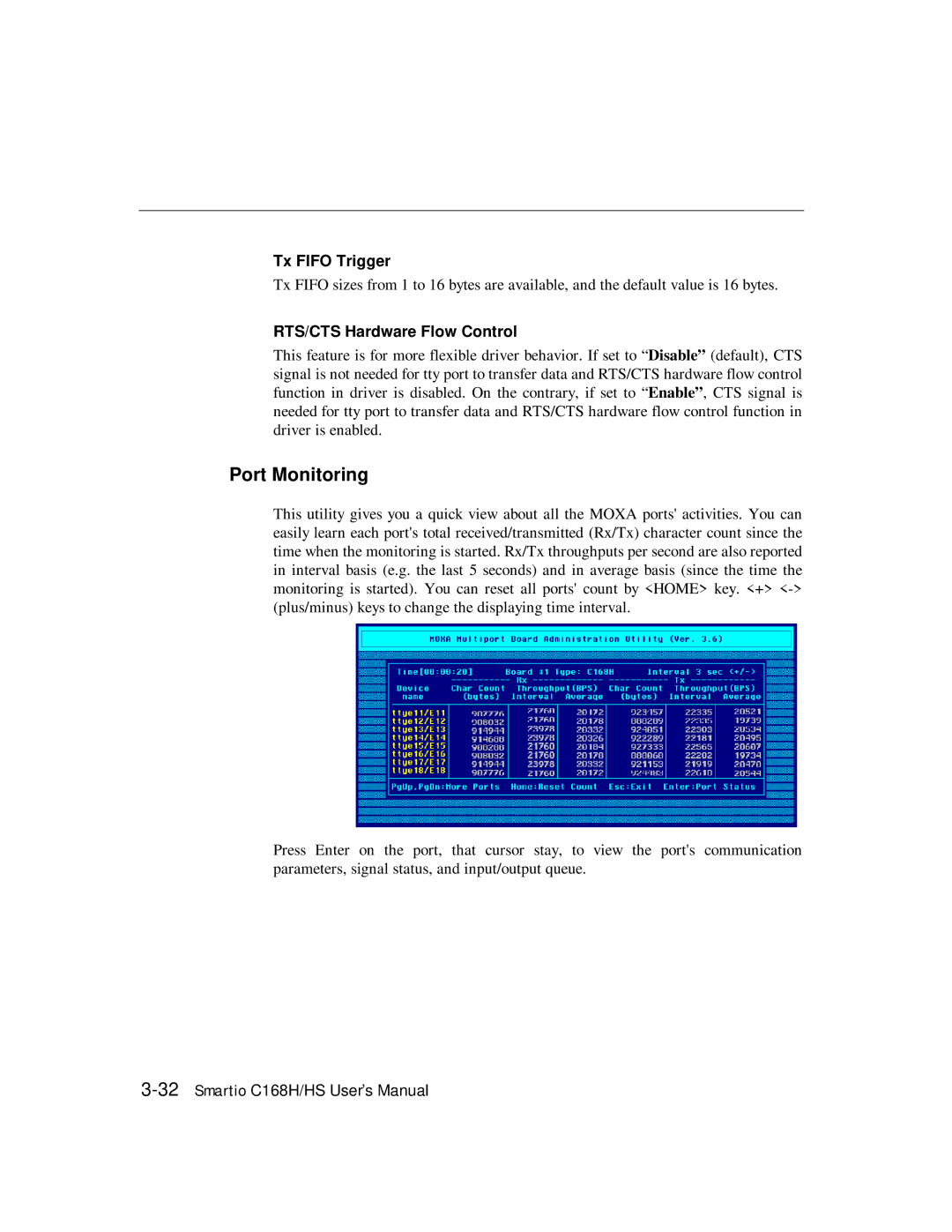 Moxa Technologies C168HS user manual Port Monitoring, Tx Fifo Trigger, RTS/CTS Hardware Flow Control 