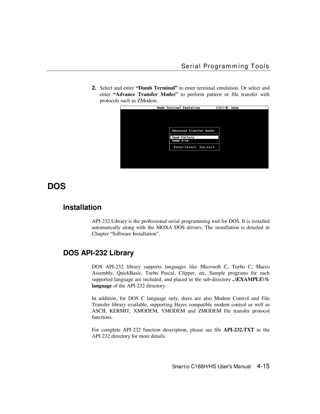 Moxa Technologies C168HS user manual Installation, DOS API-232 Library 