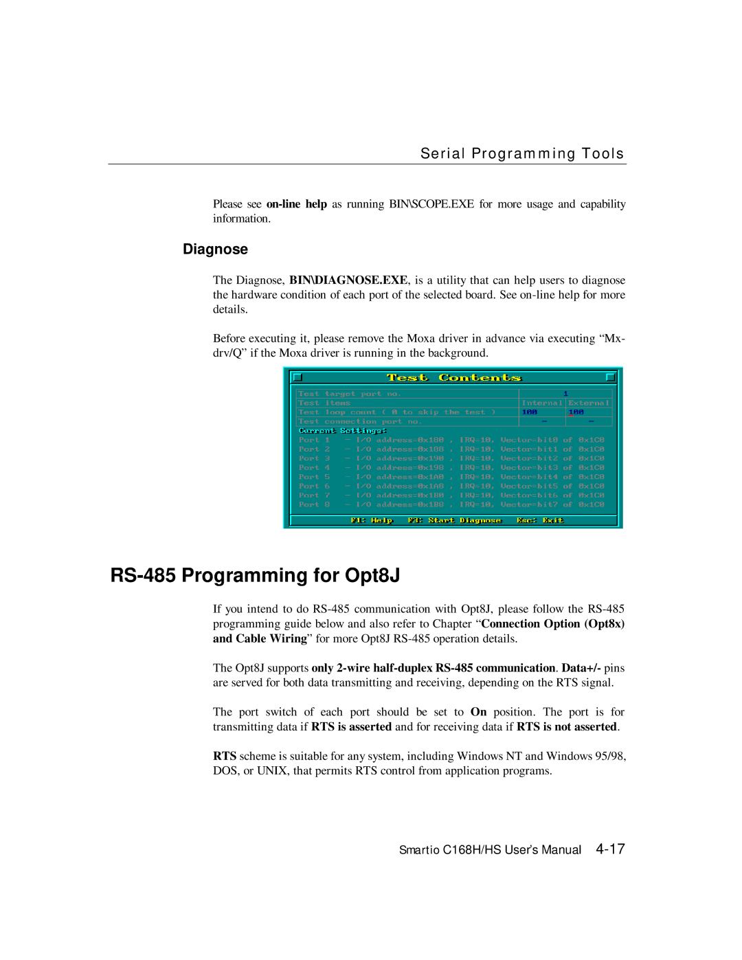 Moxa Technologies C168HS user manual RS-485 Programming for Opt8J, Diagnose 