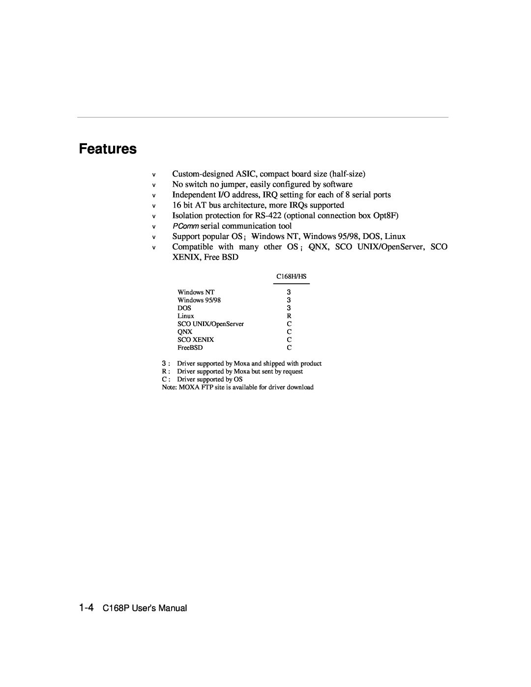 Moxa Technologies C168P user manual Features 