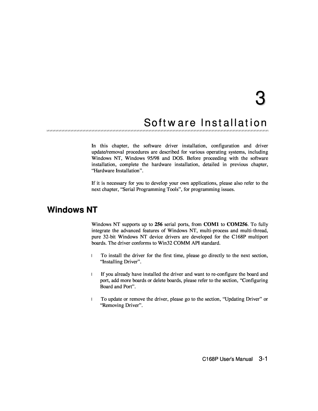 Moxa Technologies C168P user manual Software Installation, Windows NT 