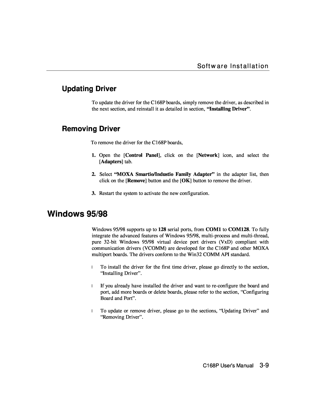 Moxa Technologies C168P user manual Windows 95/98, Updating Driver, Removing Driver, Software Installation 