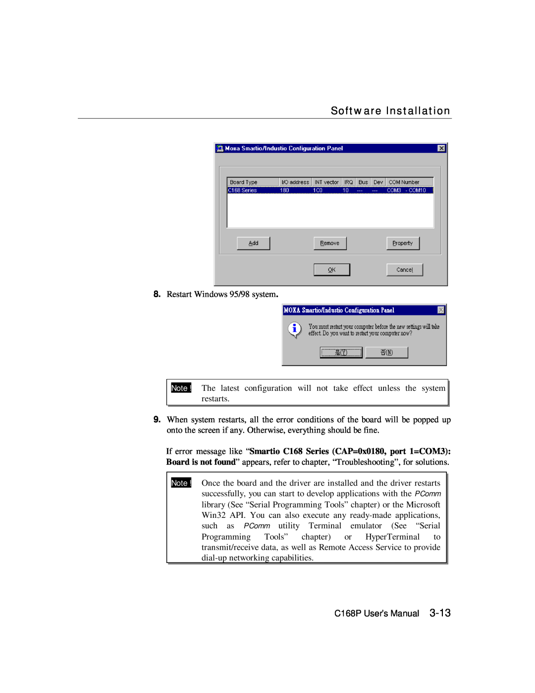 Moxa Technologies C168P Software Installation, If error message like “Smartio C168 Series CAP=0x0180, port 1=COM3 