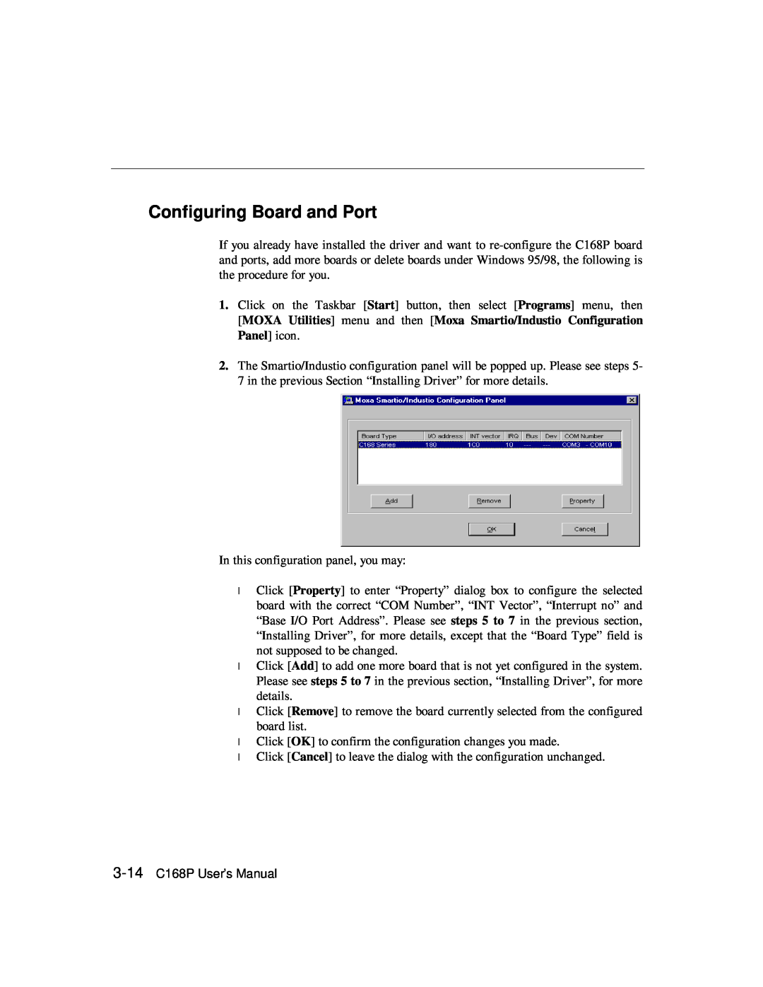 Moxa Technologies user manual Configuring Board and Port, 3-14 C168P User’s Manual 