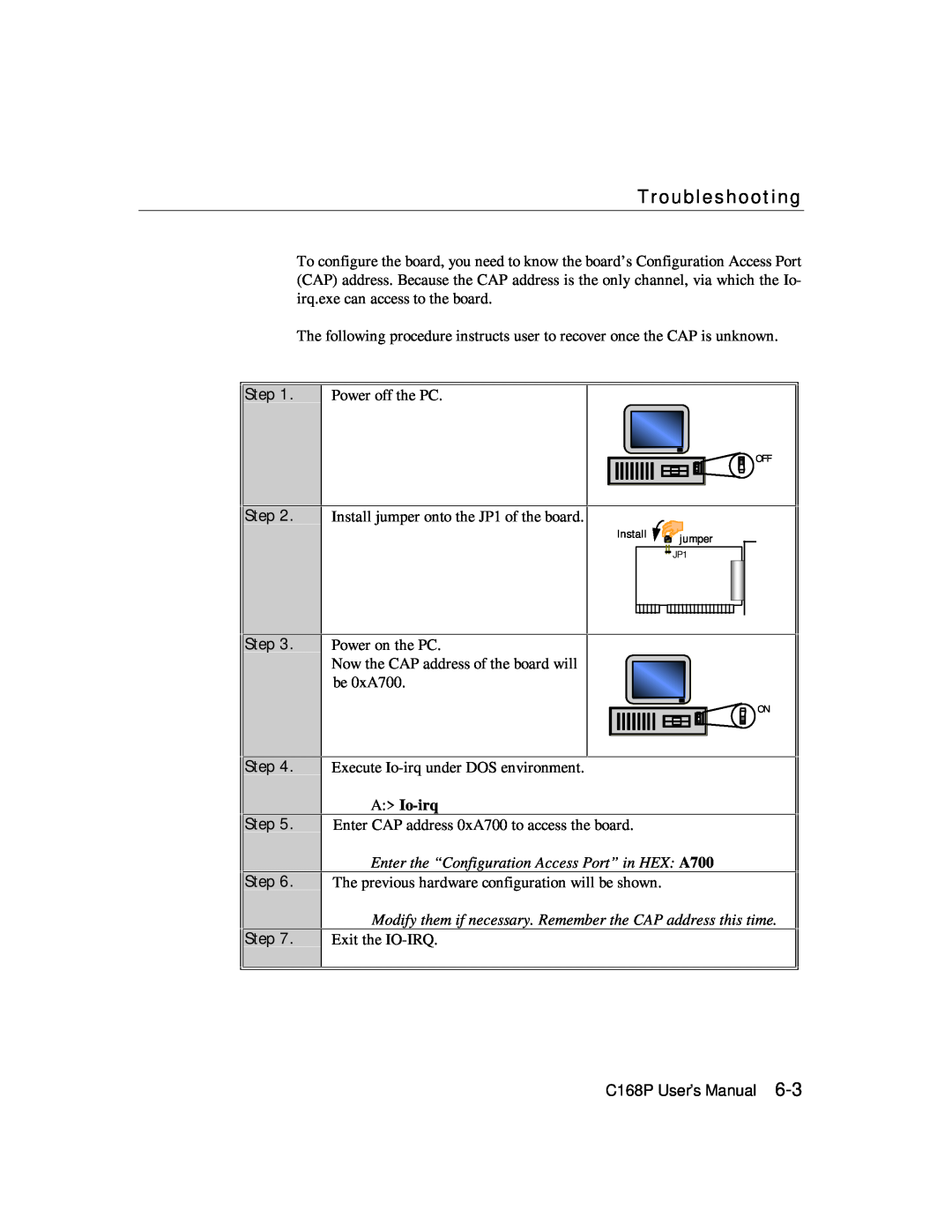 Moxa Technologies C168P user manual Troubleshooting, Step Step Step Step Step Step, A Io-irq 