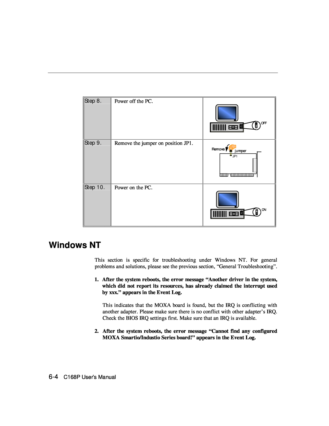 Moxa Technologies C168P user manual Windows NT, Power off the PC 