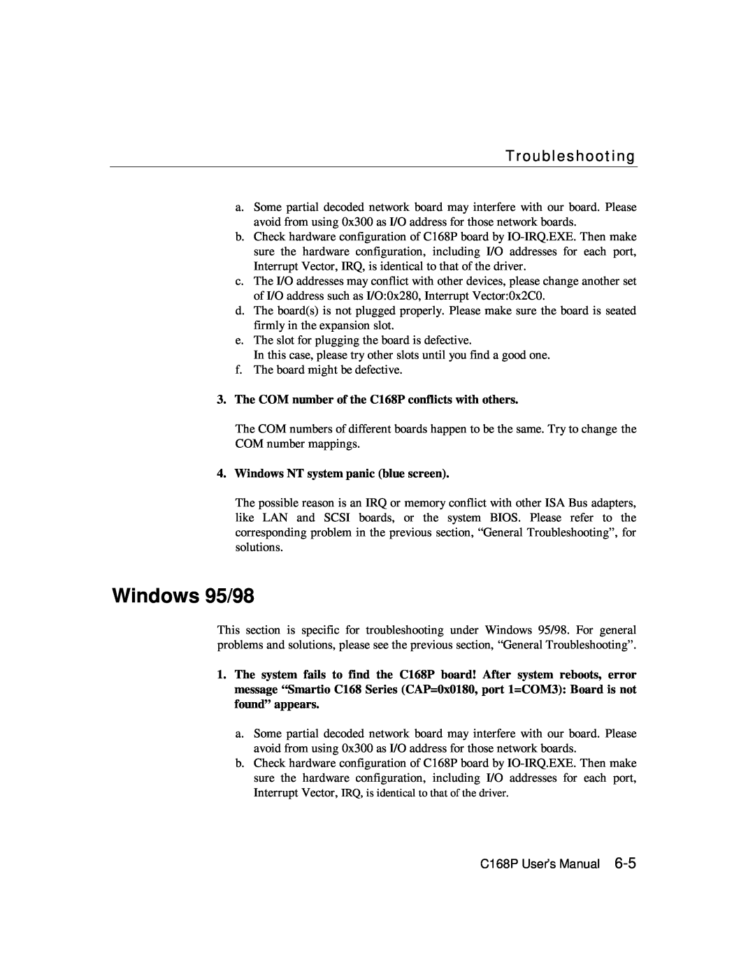 Moxa Technologies user manual Windows 95/98, Troubleshooting, The COM number of the C168P conflicts with others 